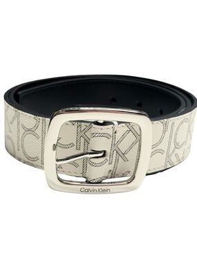 Calvin Klein Monogram Logo Belt Cream Black Silver Buckle Quiet Luxury CK Size L
